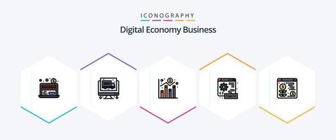 paquete de iconos de 25 líneas completas de negocios de economía digital que incluye . dólar. grafico. web. teclado vector