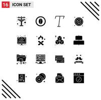 Set of 16 Commercial Solid Glyphs pack for system monitoring font control object Editable Vector Design Elements