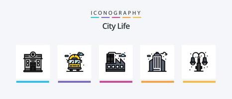 la línea de vida de la ciudad llenó el paquete de 5 iconos, incluido el bulto. la vida. carga. ciudad. la vida. diseño de iconos creativos vector