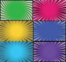 Comic book colorful frames background with halftone rays radial and dotted effects pop art style vector