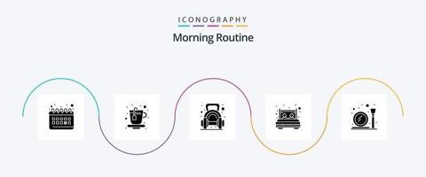 paquete de iconos de glifo 5 de rutina matutina que incluye vidrio. descanso. aptitud física. interior. cama vector