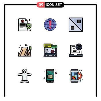conjunto moderno de 9 colores planos y símbolos de línea de llenado, como elementos de diseño de vectores editables de la carpa del navegador del sitio web de diseño de engranajes de aplicaciones