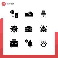 Universal Icon Symbols Group of 9 Modern Solid Glyphs of process develop arm cog office Editable Vector Design Elements