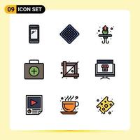 User Interface Pack of 9 Basic Filledline Flat Colors of crop tool suitcase waffle medical briefcase Editable Vector Design Elements