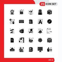 Mobile Interface Solid Glyph Set of 25 Pictograms of learning helmet city spaceman astronaut Editable Vector Design Elements