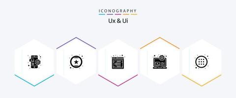 paquete de iconos de 25 glifos ux y ui que incluye la configuración. desarrollo. estrella. computadora. web vector