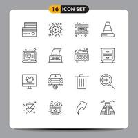 Mobile Interface Outline Set of 16 Pictograms of laptop email watch traffic cone Editable Vector Design Elements