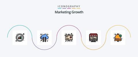 la línea de crecimiento de marketing llenó el paquete de iconos planos 5 que incluye compras. tienda. marketing. en línea. información vector