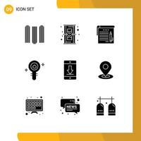 Group of 9 Modern Solid Glyphs Set for device laboratory notes chemistry biology Editable Vector Design Elements