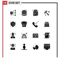 Group of 16 Modern Solid Glyphs Set for discount security coffee box steak kitchen utensils Editable Vector Design Elements