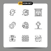 Pack of 9 Modern Outlines Signs and Symbols for Web Print Media such as heart diamond recognition setting gear Editable Vector Design Elements