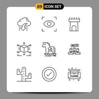 9 iconos creativos, signos y símbolos modernos de Internet, ciberdelincuencia, caja de playa, rompecabezas, elementos de diseño vectorial editables vector