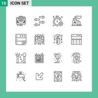 Group of 16 Modern Outlines Set for database production business pollution gear Editable Vector Design Elements