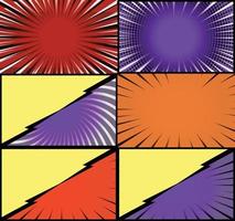 Comic book colorful frames background with halftone rays radial and dotted effects pop art style vector