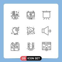 Pack of 9 Modern Outlines Signs and Symbols for Web Print Media such as planet human warning head brain Editable Vector Design Elements