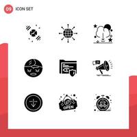 Pack of 9 Modern Solid Glyphs Signs and Symbols for Web Print Media such as folder element cloud face server Editable Vector Design Elements