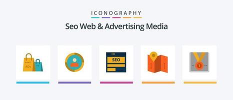 seo web y medios publicitarios flat 5 icon pack que incluye direcciones. mapa. tecnología hospedaje diseño de iconos creativos vector