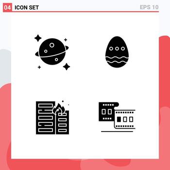Set of 4 Vector Solid Glyphs on Grid for planet flame decoration egg risk Editable Vector Design Elements