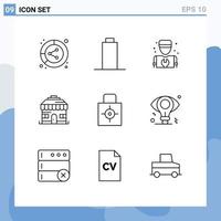 Universal Icon Symbols Group of 9 Modern Outlines of protect key man shop building Editable Vector Design Elements