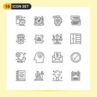 Set of 16 Vector Outlines on Grid for supermarket online watch message chat Editable Vector Design Elements