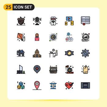 conjunto de color plano de línea llena de interfaz móvil de 25 pictogramas de elementos de diseño de vector editables de video de cancelación móvil de datos de cometa