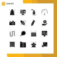 Pack of 16 Modern Solid Glyphs Signs and Symbols for Web Print Media such as camera multimedia presentation download cloud Editable Vector Design Elements