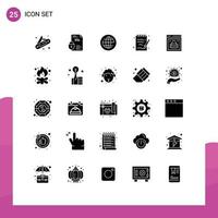 Group of 25 Modern Solid Glyphs Set for protected browser information security earth notepad document Editable Vector Design Elements