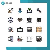 16 Thematic Vector Flat Color Filled Lines and Editable Symbols of media player unlock call flash light Editable Creative Vector Design Elements