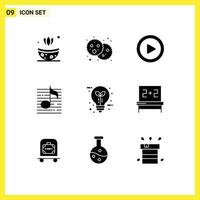 9 User Interface Solid Glyph Pack of modern Signs and Symbols of electricity bulb play media audio Editable Vector Design Elements