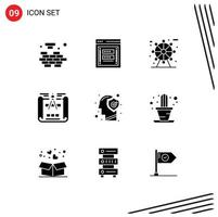 Universal Icon Symbols Group of 9 Modern Solid Glyphs of human brain phishing sketch blueprint Editable Vector Design Elements