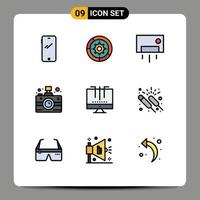 Group of 9 Modern Filledline Flat Colors Set for media camera engine house home Editable Vector Design Elements