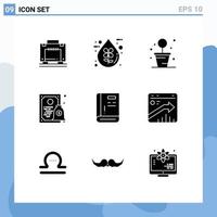 Set of 9 Commercial Solid Glyphs pack for contact money liquid license certificate Editable Vector Design Elements