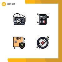 Editable Vector Line Pack of 4 Simple Filledline Flat Colors of camera shopping photography math security Editable Vector Design Elements