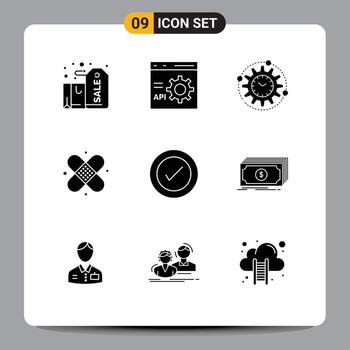 paquete de 9 signos y símbolos de glifos sólidos modernos para medios de impresión web, como el procesamiento de proyectos de desarrollo de atención médica, elementos de diseño de vectores editables