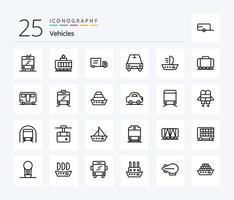 Paquete de iconos de 25 líneas de vehículos, incluido el vehículo. ferrocarril. auto. buque. Embarcacion vector