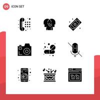 Pictogram Set of 9 Simple Solid Glyphs of capsule communication selection camera theater tickets Editable Vector Design Elements