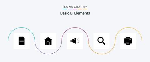 Basic Ui Elements Glyph 5 Icon Pack Including print. find. sound. zoom. magnifier vector