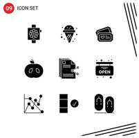 Pack of 9 Modern Solid Glyphs Signs and Symbols for Web Print Media such as share files love content food Editable Vector Design Elements