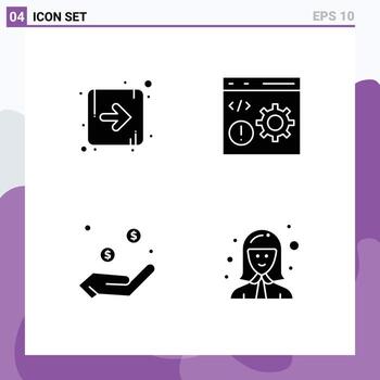 paquete de 4 signos y símbolos de glifos sólidos modernos para medios de impresión web, como el desarrollo del navegador de moneda de flecha, elementos de diseño vectorial editables a mano vector