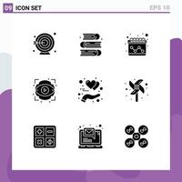 Pictogram Set of 9 Simple Solid Glyphs of heart gesture calendar protect view Editable Vector Design Elements