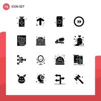 Group of 16 Modern Solid Glyphs Set for file player direction multimedia forward Editable Vector Design Elements