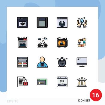 interfaz móvil conjunto de líneas llenas de color plano de 16 pictogramas de la vida servidor web descargar artículo en línea elementos de diseño de vectores creativos editables