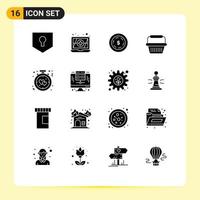 16 Universal Solid Glyphs Set for Web and Mobile Applications computer love basket alarm clock Editable Vector Design Elements