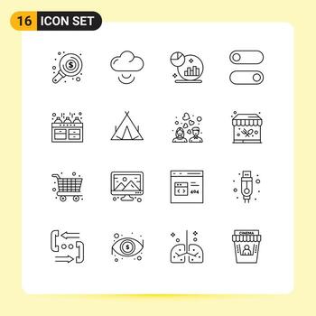 conjunto de esquema de interfaz móvil de 16 pictogramas de elementos de diseño de vector editables de interruptor de cocina de gráfico de horno