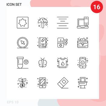 conjunto de esquema de interfaz móvil de 16 pictogramas de elementos de diseño de vector editables de computadora portátil del teléfono del centro del clic del mouse