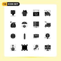 Editable Vector Line Pack of 16 Simple Solid Glyphs of investment party halloween transport delivery Editable Vector Design Elements