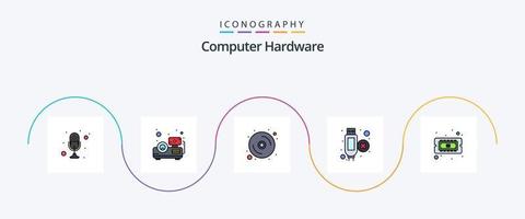 Computer Hardware Line Filled Flat 5 Icon Pack Including cpu. chip. computer. hdmi. cable vector
