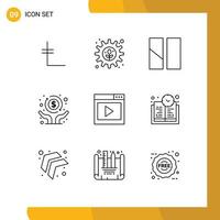 Group of 9 Outlines Signs and Symbols for interface media independence editing freedom economic Editable Vector Design Elements