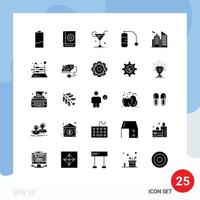 Pack of 25 Modern Solid Glyphs Signs and Symbols for Web Print Media such as building travel instruction diving wine Editable Vector Design Elements