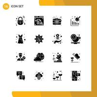 Group of 16 Modern Solid Glyphs Set for gear party dress photo frock data analysis Editable Vector Design Elements